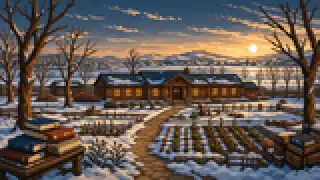 雪の低層キャンパスと学びの庭を描いた架空のドット絵風景