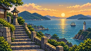 Original pixel-art landscape illustrating Shimonoseki: history and heritage