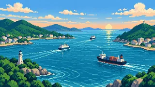 Original pixel-art landscape illustrating Kanmon Strait and the coast