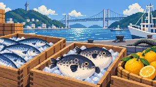 Original pixel-art landscape illustrating Shimonoseki: market and food