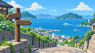 Original pixel-art landscape illustrating Shimonoseki: place names and local names