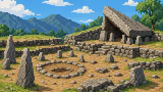 Pixel-art imaginary scene of How the basin around Lake Suwa and its passes shaped daily life and exchange, from Jomon settlements to Edo-era post towns