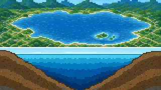Pixel-art imaginary scene of Reading Lake Suwa as one water system, from the rivers feeding it to the Tenryu River, and how that ties to daily life and ecology