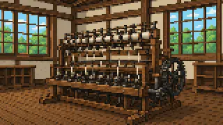 Pixel-art imaginary scene of How the skills and division of labor built up in Okaya's silk-reeling industry carried over into postwar precision manufacturing, sourced