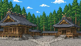 Pixel-art imaginary scene of How the four shrines of Kamisha and Shimosha, and the Onbashira Festival's pillar-hauling, tie mountain, village, and parishioners together