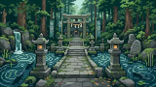 Pixel-art imaginary scene of One of Japan's oldest shrines, its giant-catfish legend, and the J-League club named for it