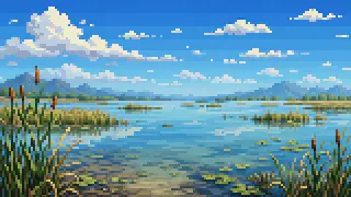 Pixel-art imaginary scene of Japan's second-largest lake