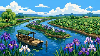 Pixel-art imaginary scene of Itako's Iris Festival, its Twelve Bridges boat tours, Namegata's sweet potatoes, and Hokota's melons across the Kashima Coast