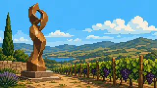 Pixel-art imaginary scene of A 120-meter bronze Buddha and a Meiji-era winery sit close together in Ushiku City