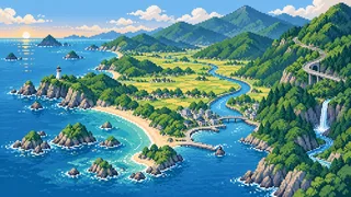 山口県の難読地名を描いた架空のドット絵風景