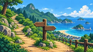 山口県の地名の呼び方を描いた架空のドット絵風景