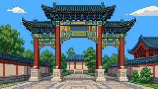 Pixel-art imaginary scene of Explore one of Japan's largest Chinatowns: the gates (pailou), Kantei-byo honoring Guan Yu, and the sea goddess at Maso-byo, with sources