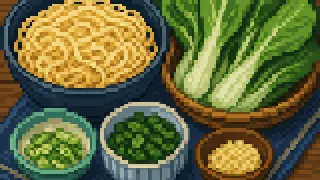 Pixel-art imaginary scene of Kiyoken shumai, the Hotel New Grand's Napolitan and doria, sanma-men, iekei ramen