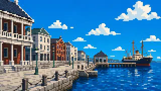 Pixel-art imaginary scene of After Yokohama opened its port in 1859, Japan's first railway, gas lamps and modern waterworks were born here