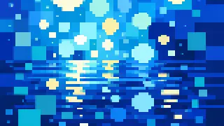 Pixel-art imaginary scene of imaginary harbor lights and waterfront geometric motifs