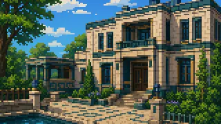Pixel-art imaginary scene of Western houses on Yokohama's Yamate hill: the Diplomat's House, Berrick Hall, the Ehrismann Residence and the old foreign settlement