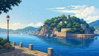猿島を描いた架空のドット絵風景