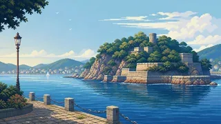 馬堀海岸を描いた架空のドット絵風景