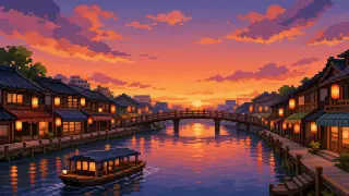 Pixel-art imaginary riverside temple-town scene with warm lantern-like lights