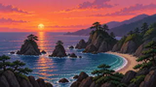 Pixel-art invented Sea of Japan rocks and pine-covered hills