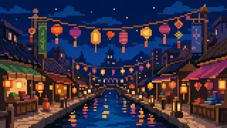 Pixel-art imaginary summer street with lights and festival-like decorations