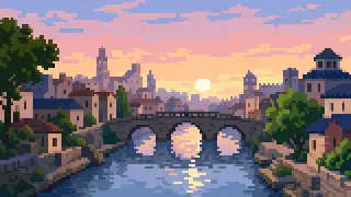 Pixel-art imaginary morning city with a river and bridge