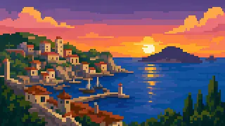 Pixel-art imaginary southern harbor town with sea and island silhouette
