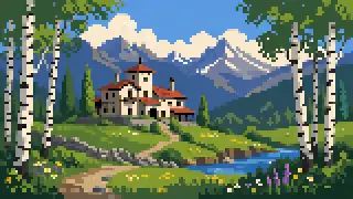 Pixel-art imaginary highland scene with birch trees and a country house
