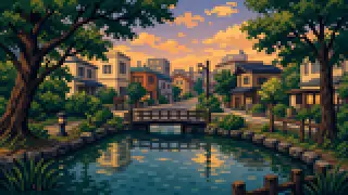 Pixel-art imaginary scene of a tree-lined pond, small bridge and low-rise neighborhood streets