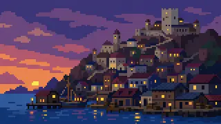 Pixel-art imaginary hillside harbor town at twilight
