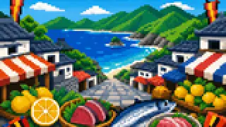 Imaginary pixel-art port town, market and warm southern light for Tosa