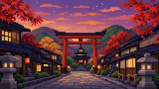 夕暮れの京都を思わせる、架空の門と小さな屋根のドット絵風景