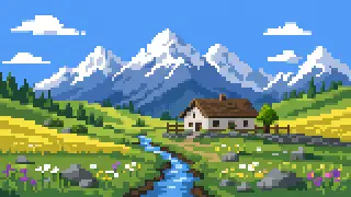 Pixel-art imaginary morning countryside with snow mountains and spring water