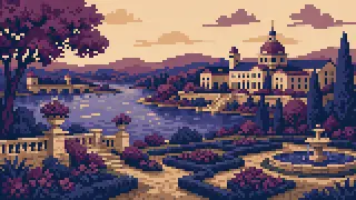 Pixel-art imaginary riverside academy garden with plum-like color accents