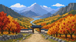 Pixel-art imaginary autumn mountain-basin scene with an approach and orchards