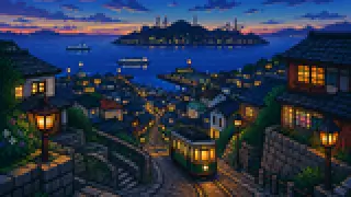 Imaginary pixel-art harbor, hillside streets and island silhouettes for Nagasaki City