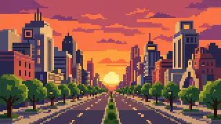 Pixel-art imaginary city boulevard at sunset