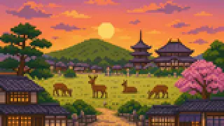 Imaginary pixel-art park, forest and mountain atmosphere for Nara City
