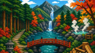 Imaginary pixel-art cedar forest, waterfall and mountain atmosphere for Nikko
