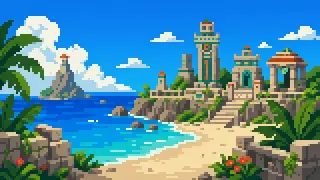Pixel-art imaginary island shore with blue water and stone walls