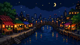 Pixel-art imaginary lively riverside at night
