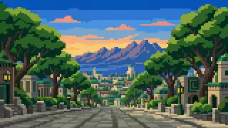 Pixel-art imaginary green city with tree-lined avenue and mountains