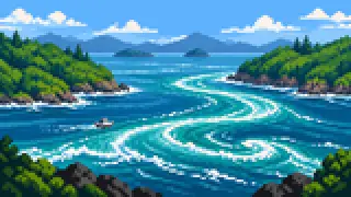 Pixel-art fictional tidal water winding between two green headlands