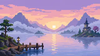 Pixel-art imaginary misty lake and mountain morning