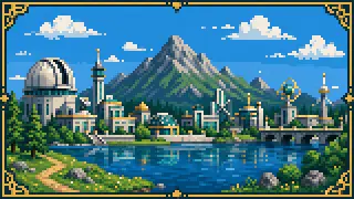 Pixel-art imaginary science-town skyline with a lake motif