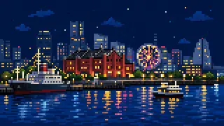 Pixel-art imaginary Yokohama-inspired harbor town with a light-wheel and boats